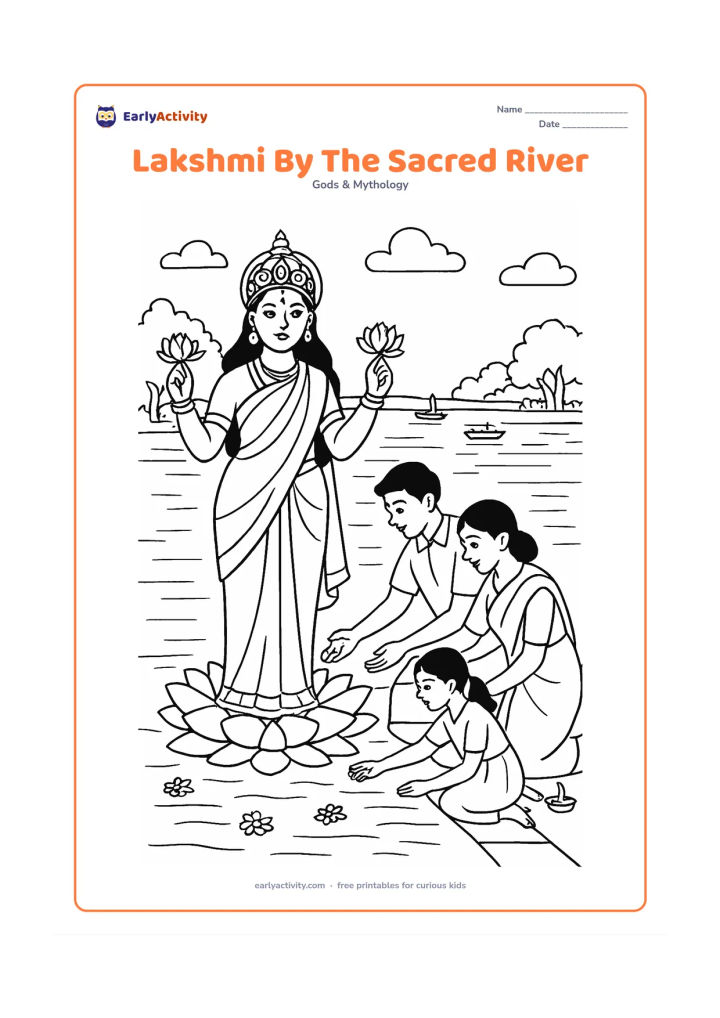 Colouring page: Draw Goddess Lakshmi standing on a lotus at the edge of a broad river, holding flowers as a family releases small flower offerings onto the water. Include steps, diyas, trees, boats in…