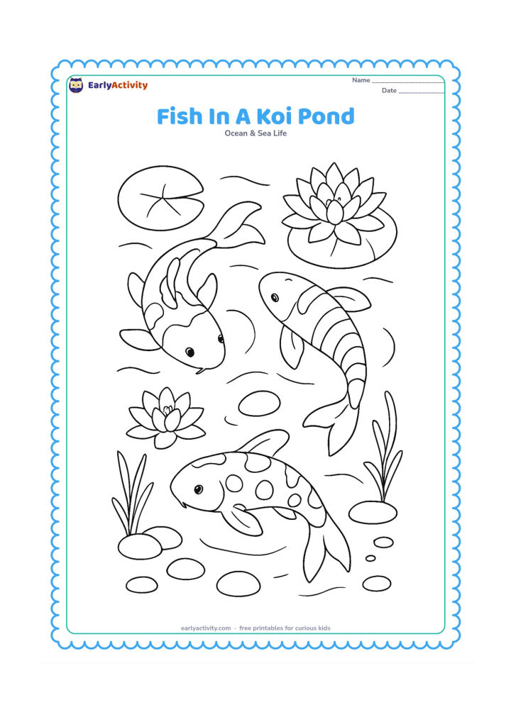 Colouring page: Draw three koi fish circling beneath lily pads and lotus flowers, with visible water ripples, rounded stones and a few submerged plants. Give each koi a different body pattern using…