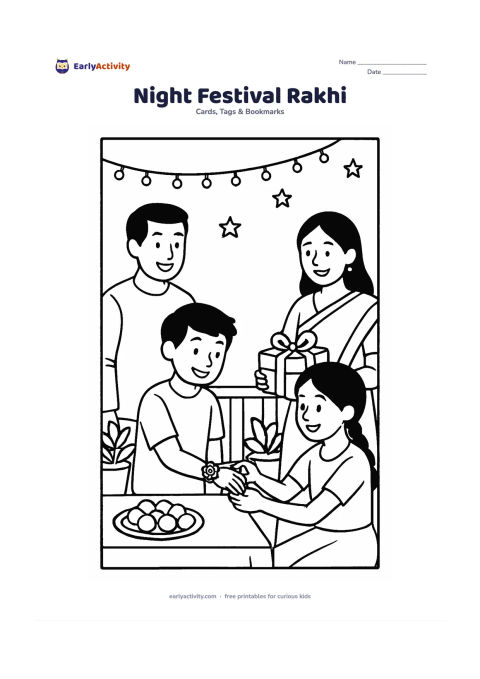 Worksheet: Show a family group on a decorated terrace at night, with one child tying a rakhi, another holding a gift, string lights, potted plants, stars, and a table with sweets. Leave a large…