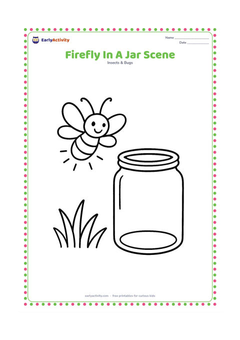 Colouring page: Draw one glowing firefly flying beside an open, empty glass jar placed on the ground, with a few broad grass blades nearby. The firefly must be outside the jar and free.