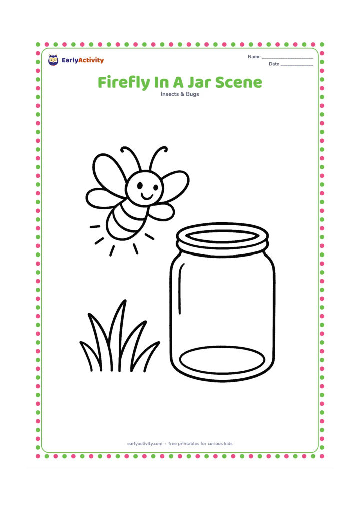 Colouring page: Draw one glowing firefly flying beside an open, empty glass jar placed on the ground, with a few broad grass blades nearby. The firefly must be outside the jar and free.