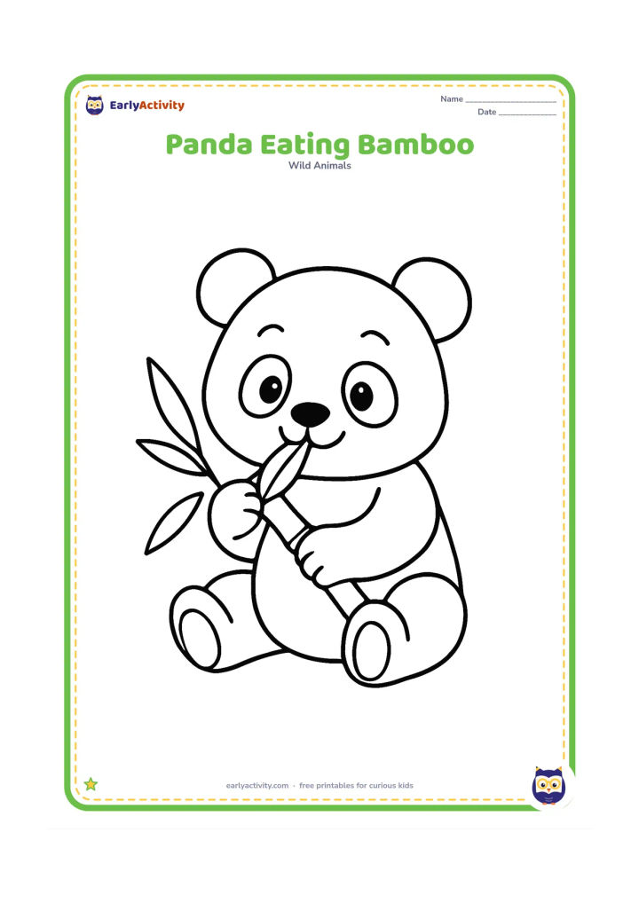 Colouring page: Draw a seated panda holding one large bamboo stalk and chewing its leafy end. Add only two or three broad bamboo leaves near the panda.