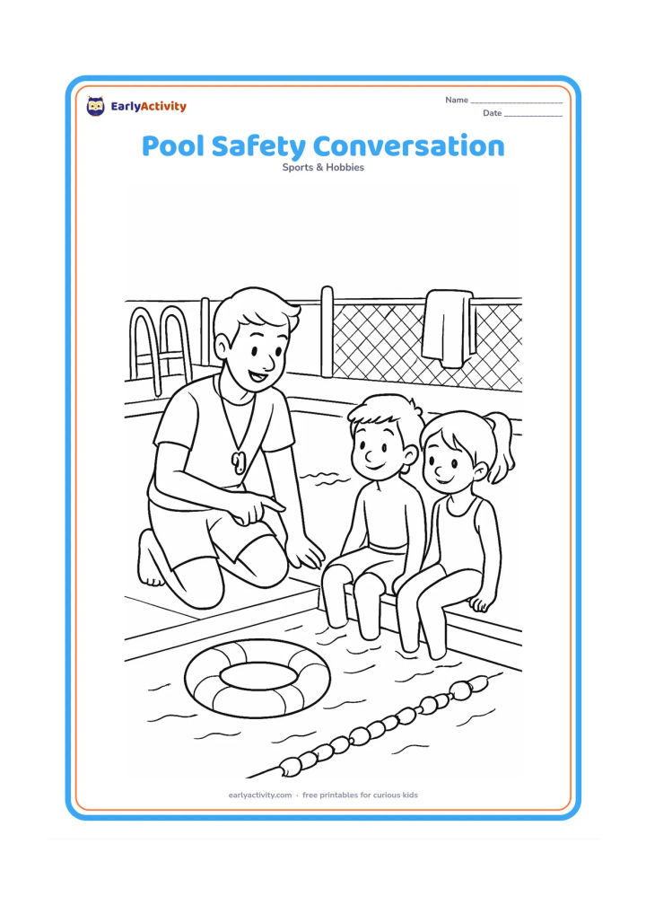 Colouring page: A lifeguard kneels beside two children at the pool edge and gestures toward a lifebuoy and the water, while the children listen. Show a ladder, lane rope, towels and a low safety fence,…