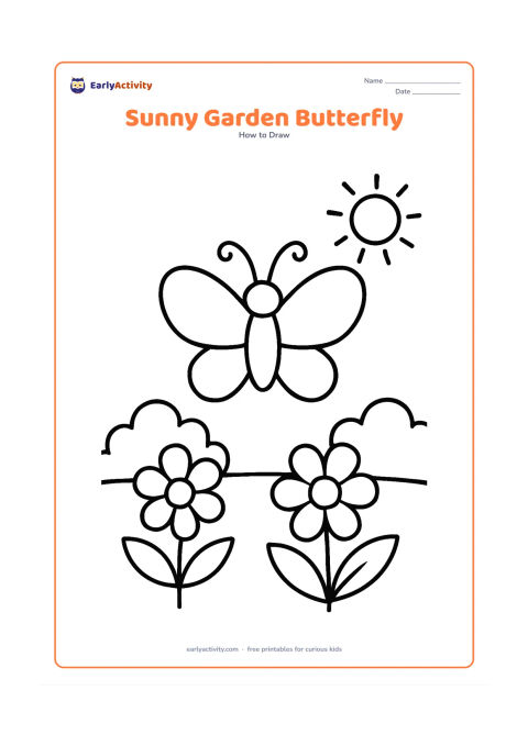 Worksheet: Show a front-facing butterfly flying above large flowers, two rounded bushes and a simple sun in the corner. The butterfly should have an oval body, antennae and broad blank wings.