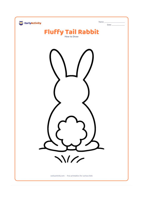 Worksheet: Show a sitting rabbit from behind, with two tall ears, a large oval body, two simple hind feet and one oversized scalloped fluffy tail. Use a single small grass patch beneath it.