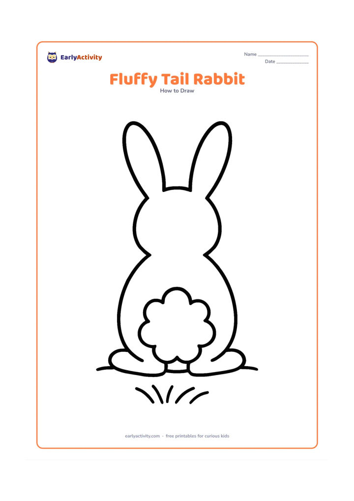 Worksheet: Show a sitting rabbit from behind, with two tall ears, a large oval body, two simple hind feet and one oversized scalloped fluffy tail. Use a single small grass patch beneath it.