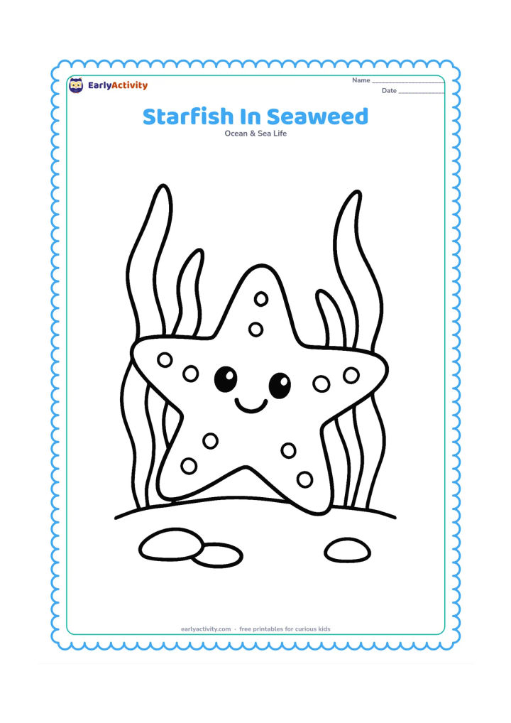 Colouring page: Draw a large starfish lying among a few tall, gently curved seaweed leaves on the ocean floor.