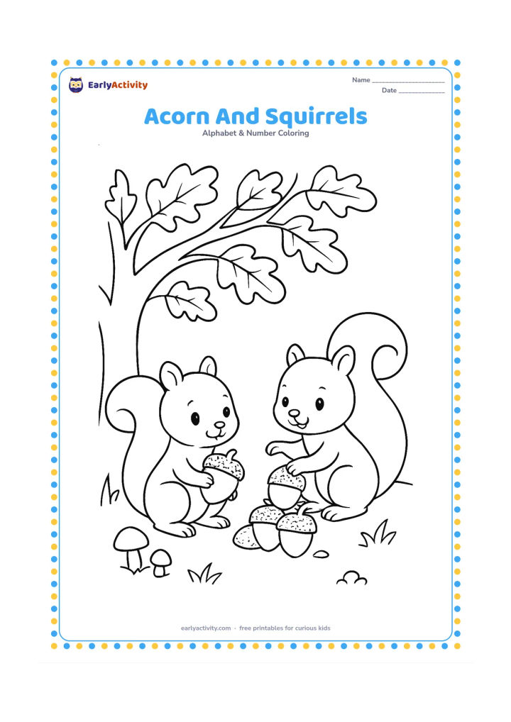 Colouring page: Draw two friendly squirrels collecting large acorns beneath an oak tree, one holding an acorn and the other placing one in a small pile. Add branches, leaves, and a few mushrooms.