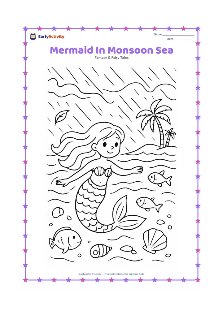 Colouring page: A mermaid swims through lively coastal water during an Indian monsoon scene, with curling wave lines above, drifting leaves near the surface, shells below and fish around her. Include a…