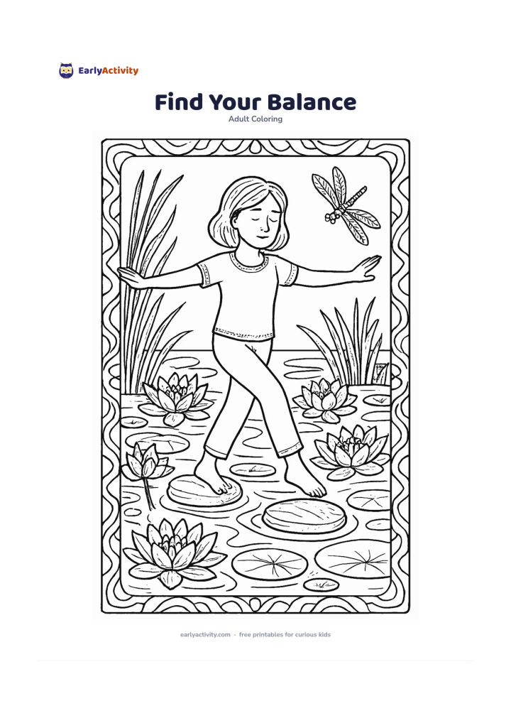 Colouring page: A person balances on a stepping stone in a peaceful pond garden, arms extended, with lotus flowers, reeds, smooth stones and a dragonfly nearby. Build a decorative border from mirrored…