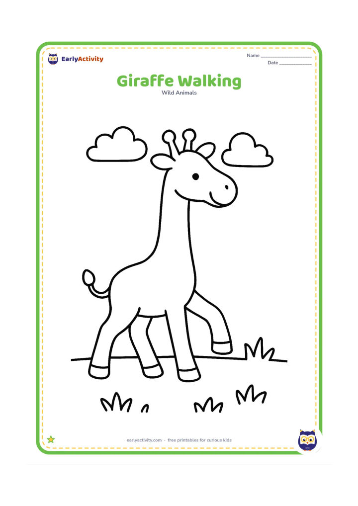 Colouring page: A friendly giraffe walks from left to right with one front leg raised and its tail curved behind. Add a simple line of grass and two rounded clouds.