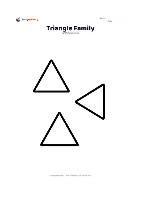 Worksheet: Place three large separate triangle outlines across the page: one upright, one pointing left, and one pointing down. Vary their sizes while keeping each shape simple.