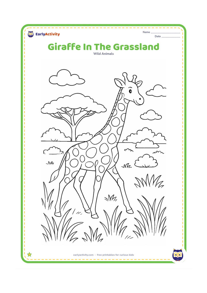 Colouring page: A giraffe walks through a broad savanna with tall grass in the foreground, an acacia tree behind it, scattered bushes and clouds overhead. Include clear body patches and a relaxed…