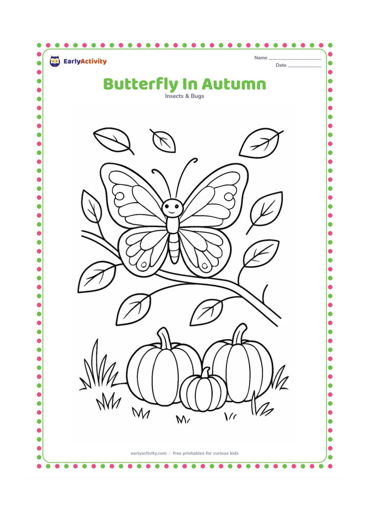 Colouring page: Draw a butterfly resting on a branch among falling leaves, with a few pumpkins and grasses on the ground below. Use a three-quarter view so the butterfly's wings and body are easy to see.