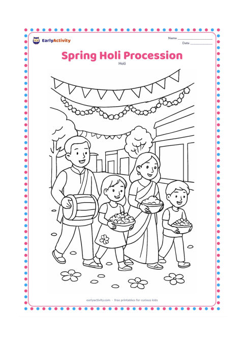 Colouring page: A small group of families walks along a decorated street carrying flower baskets, gulal bowls and a dhol. Add shop fronts without signs, trees, garlands and scattered flower petals.