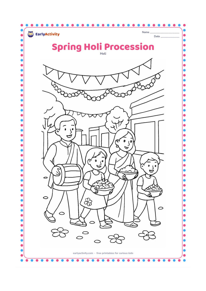 Colouring page: A small group of families walks along a decorated street carrying flower baskets, gulal bowls and a dhol. Add shop fronts without signs, trees, garlands and scattered flower petals.