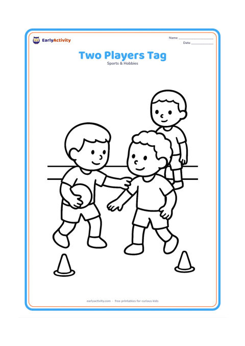 Colouring page: A raider gently reaches to tag the shoulder of one defender while another defender watches from a short distance. Show a plain court with a center line and two cones outside the boundary.