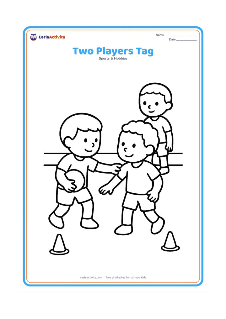 Colouring page: A raider gently reaches to tag the shoulder of one defender while another defender watches from a short distance. Show a plain court with a center line and two cones outside the boundary.