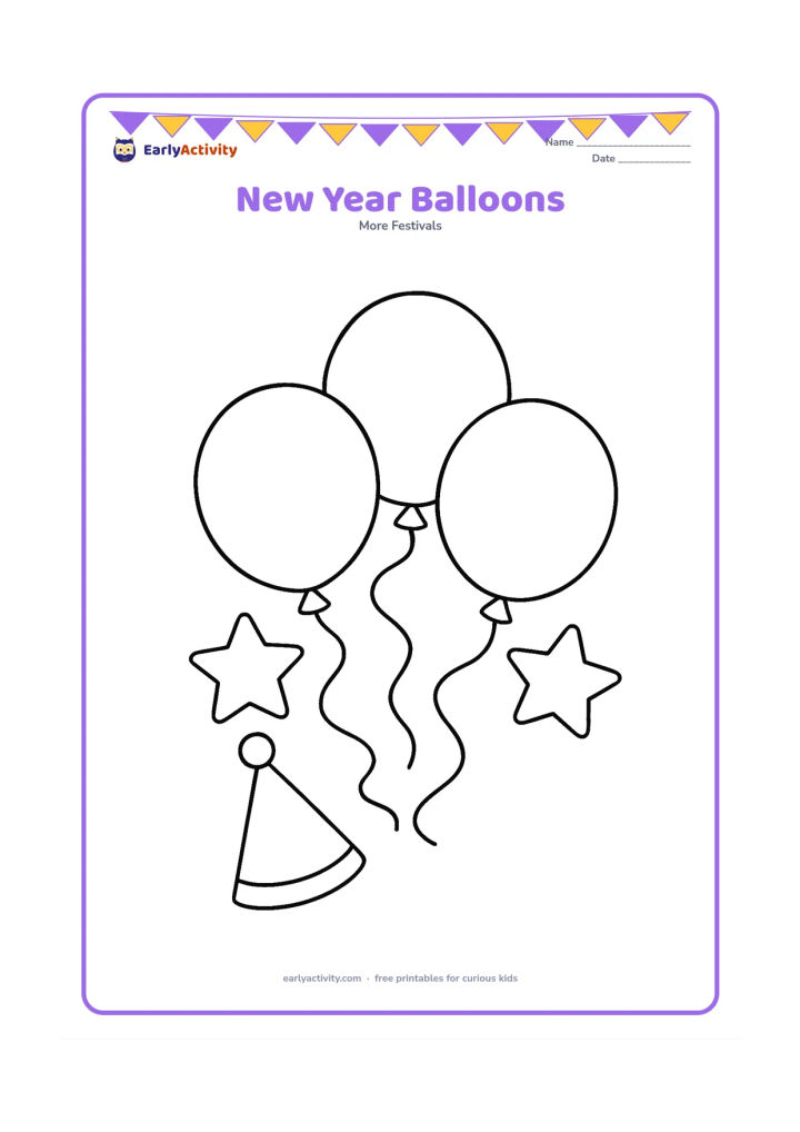 Colouring page: Three large balloons tied together with curling ribbons, a party hat on the floor and two chunky star-shaped decorations behind them. Leave the balloon surfaces blank for colouring.