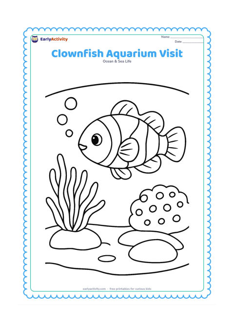 Colouring page: Draw a clownfish swimming around a small aquarium-style reef with an anemone, rounded coral, bubbles, and a treasure-free smooth rock. Show a simple curved tank edge in the background…