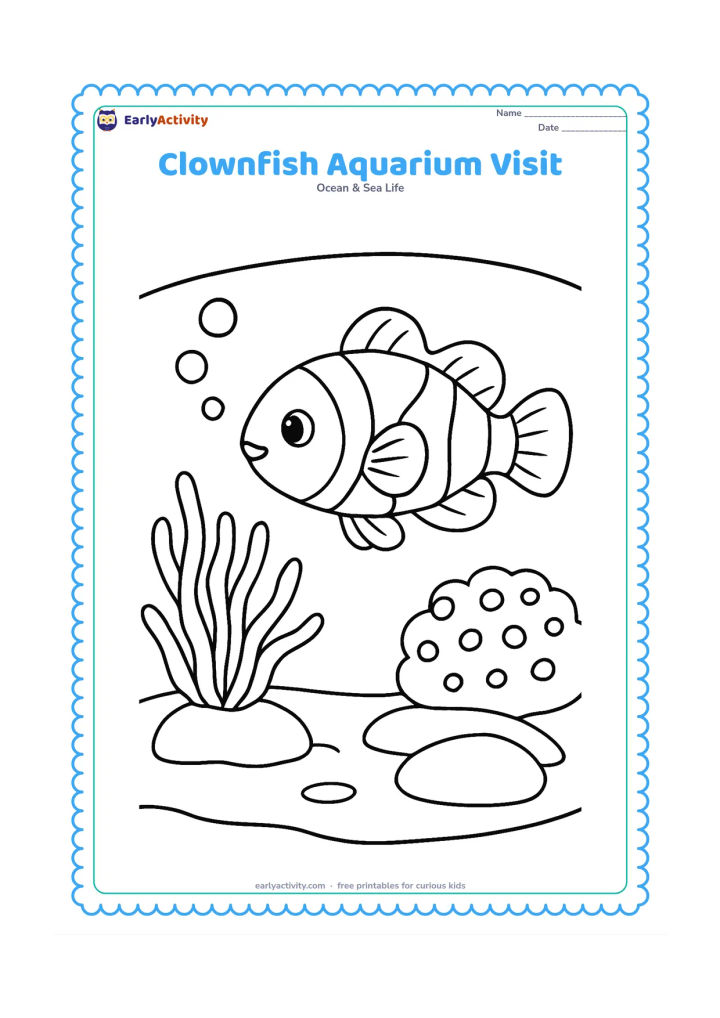 Colouring page: Draw a clownfish swimming around a small aquarium-style reef with an anemone, rounded coral, bubbles, and a treasure-free smooth rock. Show a simple curved tank edge in the background…