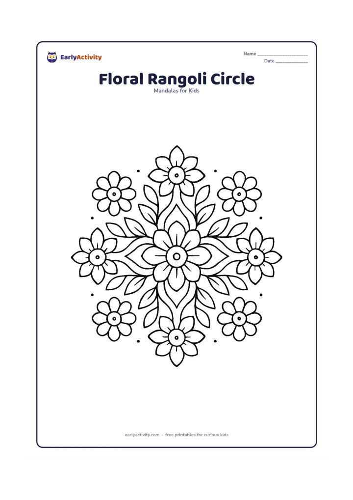 Colouring page: A flower mandala inspired by an Indian rangoli, with a central blossom, four evenly spaced side flowers and repeating leaf-and-petal motifs connecting them. Add small symmetrical dots…