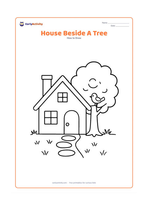 Worksheet: Draw a cottage-style house with a triangular roof, chimney, door and windows beside a large leafy tree. Add a stepping-stone path, a small bird on a branch and scattered grass tufts.