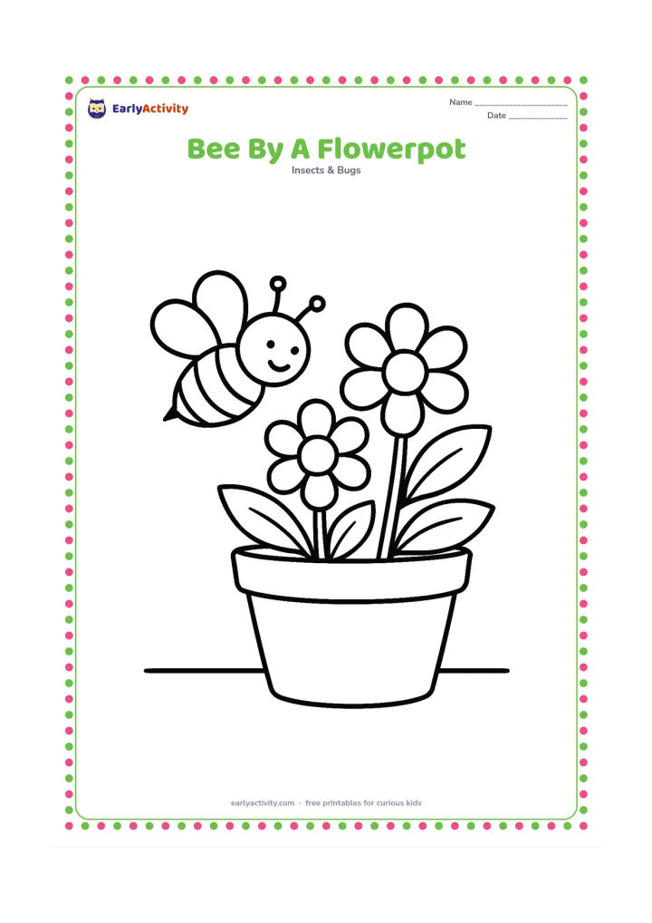 Colouring page: A bee flies beside a large flowerpot containing three simple flowers and leaves. Add a short garden wall or floor line beneath the pot.