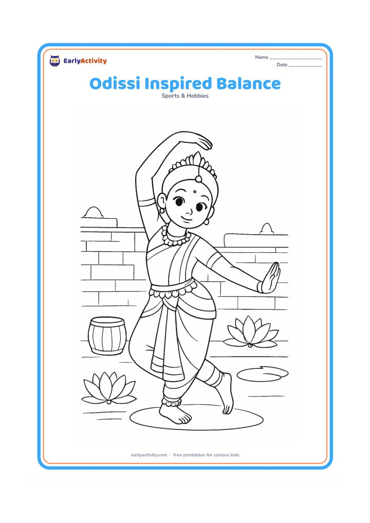 Colouring page: Draw one child in an Odissi-inspired balanced pose with one arm curved overhead and the other extended sideways. Add a simple temple wall, lotus shapes and a small drum in the background.