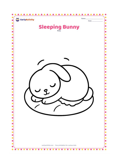 Colouring page: Draw a curled-up bunny sleeping on a soft oval cushion, with closed eyes and one floppy ear resting beside its head. Add a small blanket edge and a few simple curved motion marks without…