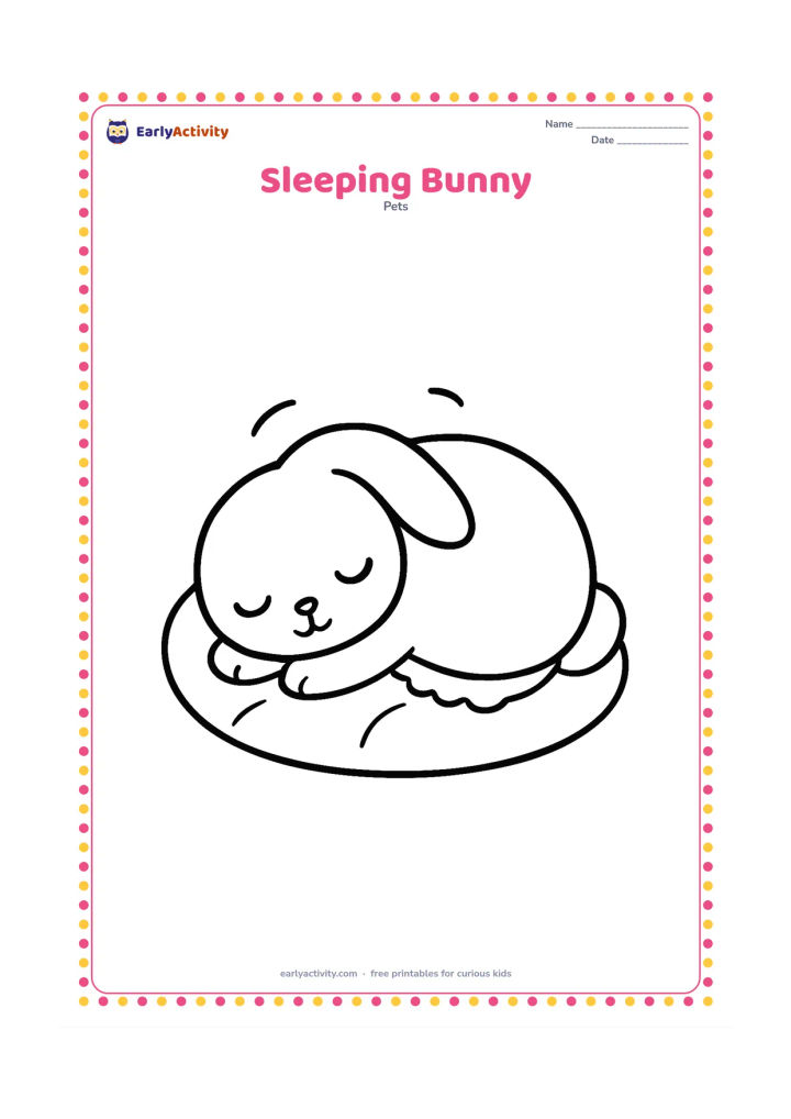 Colouring page: Draw a curled-up bunny sleeping on a soft oval cushion, with closed eyes and one floppy ear resting beside its head. Add a small blanket edge and a few simple curved motion marks without…