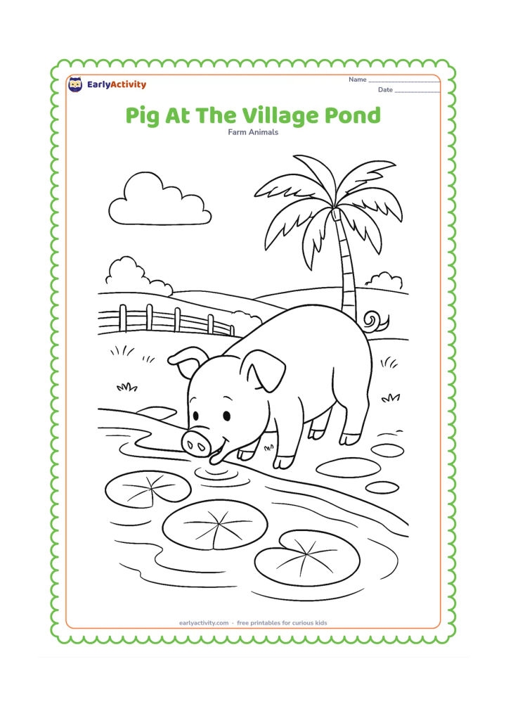 Colouring page: A pig drinks from the edge of a calm village pond, with lotus leaves, a simple stone path, a palm tree and a distant farm fence. Do not include people or writing.
