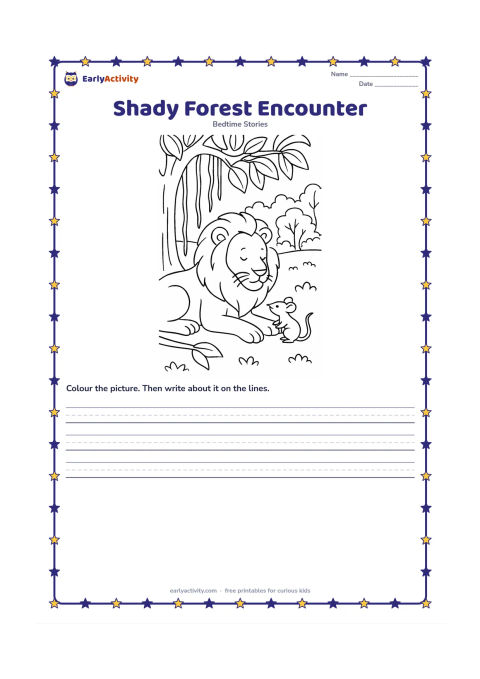 Printable: A lion wakes beneath a spreading banyan tree as a mouse crosses his paw, with hanging roots, broad leaves and a quiet Indian forest clearing around them. Compose the animals diagonally…