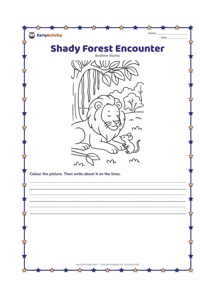 Printable: A lion wakes beneath a spreading banyan tree as a mouse crosses his paw, with hanging roots, broad leaves and a quiet Indian forest clearing around them. Compose the animals diagonally…