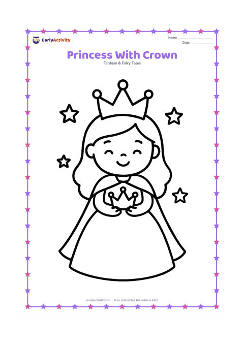 Colouring page: Draw a smiling young princess standing and holding a small crown in both hands. Use one large gown shape, a simple cape, and only a few floating stars around her.