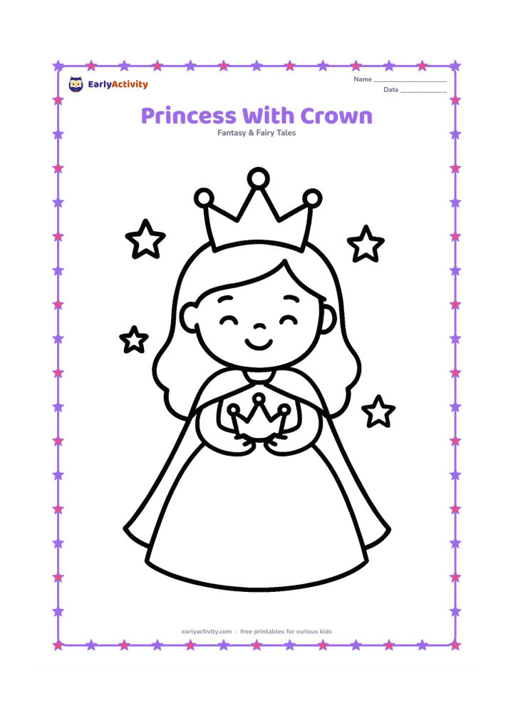 Colouring page: Draw a smiling young princess standing and holding a small crown in both hands. Use one large gown shape, a simple cape, and only a few floating stars around her.
