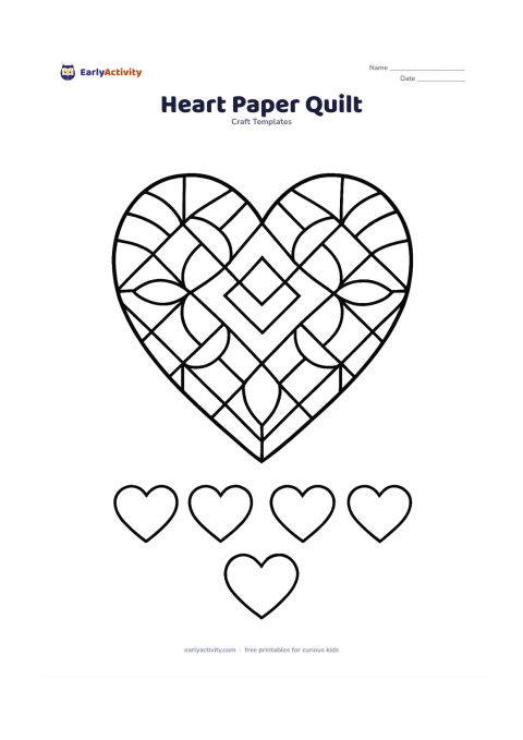 Worksheet: Draw a large heart divided into an orderly quilt-like arrangement of repeating diamonds, petals, leaves and curved panels, with several separate small heart templates along the bottom.…
