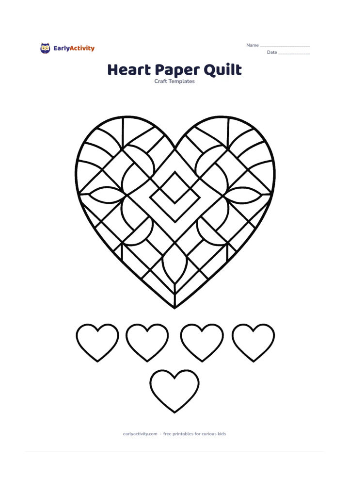 Worksheet: Draw a large heart divided into an orderly quilt-like arrangement of repeating diamonds, petals, leaves and curved panels, with several separate small heart templates along the bottom.…