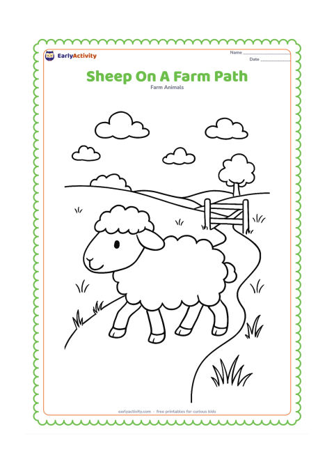 Colouring page: A sheep walks along a winding farm path toward a small gate, with grass on both sides, a few clouds and distant trees. Show the path leading through the scene.