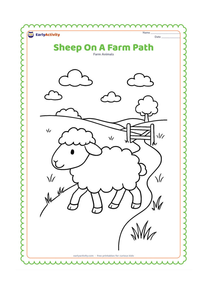 Colouring page: A sheep walks along a winding farm path toward a small gate, with grass on both sides, a few clouds and distant trees. Show the path leading through the scene.
