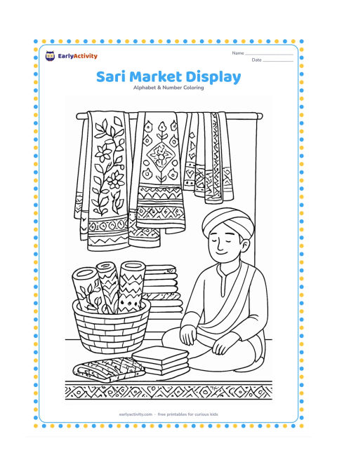 Colouring page: Several folded and hanging saris are arranged at an Indian market stall beside baskets, fabric rolls and a seated shopkeeper. Include varied borders and repeating geometric textile…