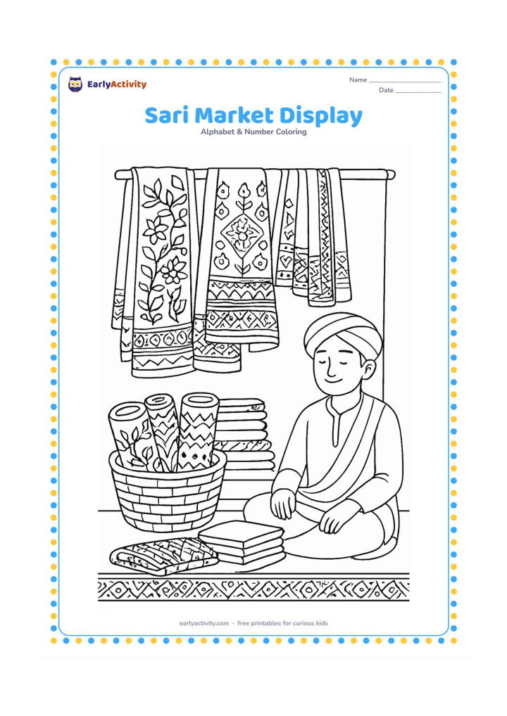 Colouring page: Several folded and hanging saris are arranged at an Indian market stall beside baskets, fabric rolls and a seated shopkeeper. Include varied borders and repeating geometric textile…