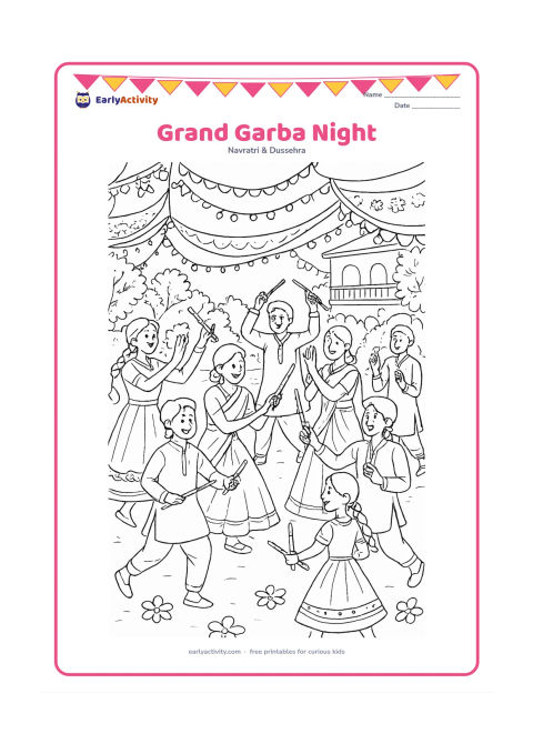 Colouring page: Draw a lively evening garba circle with many dancers in varied traditional outfits, some using dandiya and others clapping. Surround the courtyard with patterned fabric canopies, strings…