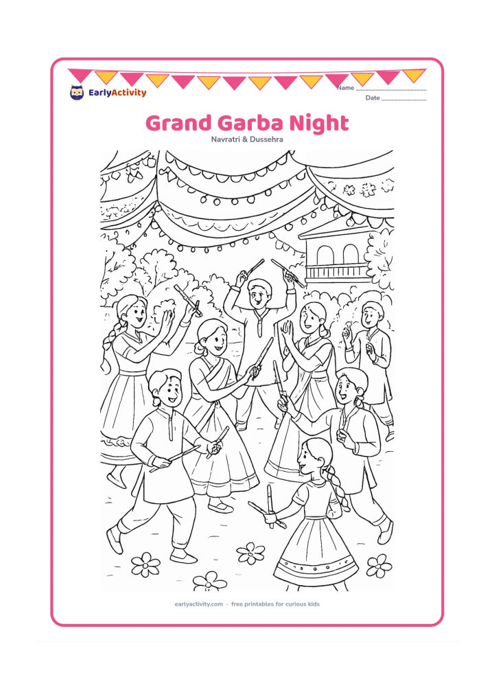 Colouring page: Draw a lively evening garba circle with many dancers in varied traditional outfits, some using dandiya and others clapping. Surround the courtyard with patterned fabric canopies, strings…