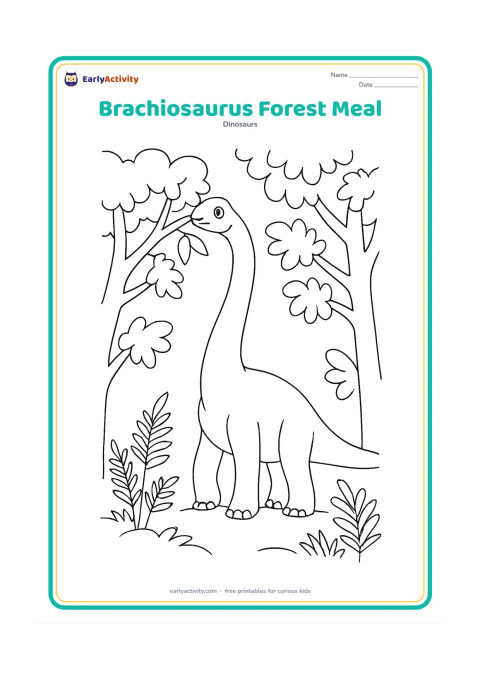 Colouring page: Draw a Brachiosaurus reaching high into a leafy prehistoric forest to eat leaves. Show its long neck, tall legs, several branches and a few ferns around its feet.
