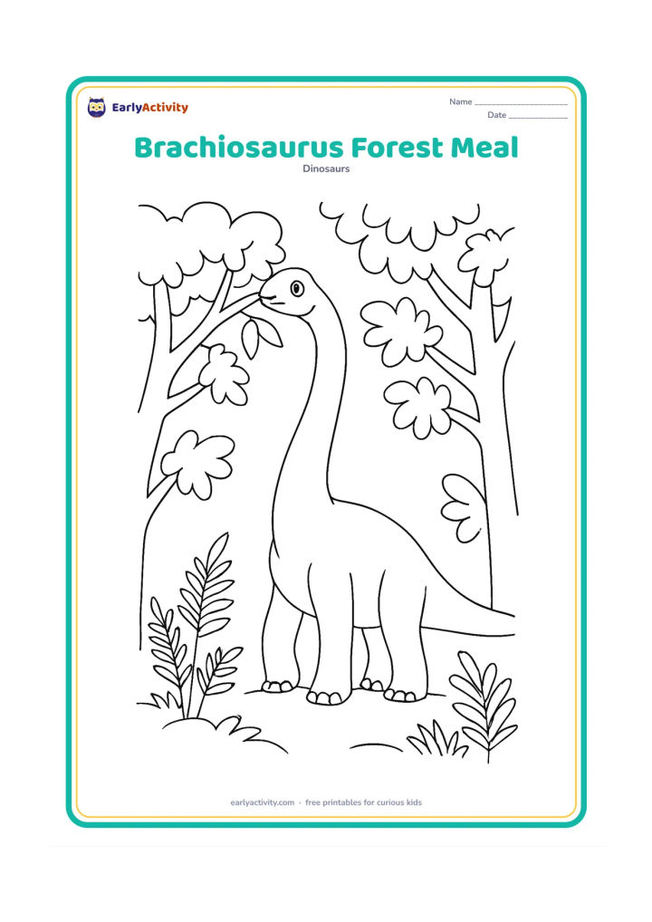 Colouring page: Draw a Brachiosaurus reaching high into a leafy prehistoric forest to eat leaves. Show its long neck, tall legs, several branches and a few ferns around its feet.