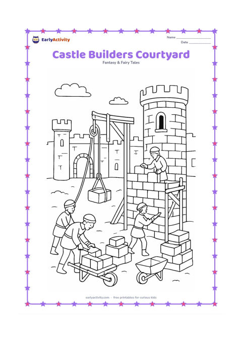 Colouring page: Draw a busy but peaceful medieval-style castle building scene with workers placing stones, a wooden scaffold, a pulley, stacked blocks, and a partly finished tower. Show the completed…