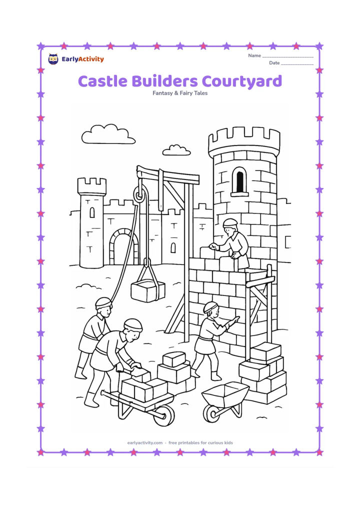 Colouring page: Draw a busy but peaceful medieval-style castle building scene with workers placing stones, a wooden scaffold, a pulley, stacked blocks, and a partly finished tower. Show the completed…