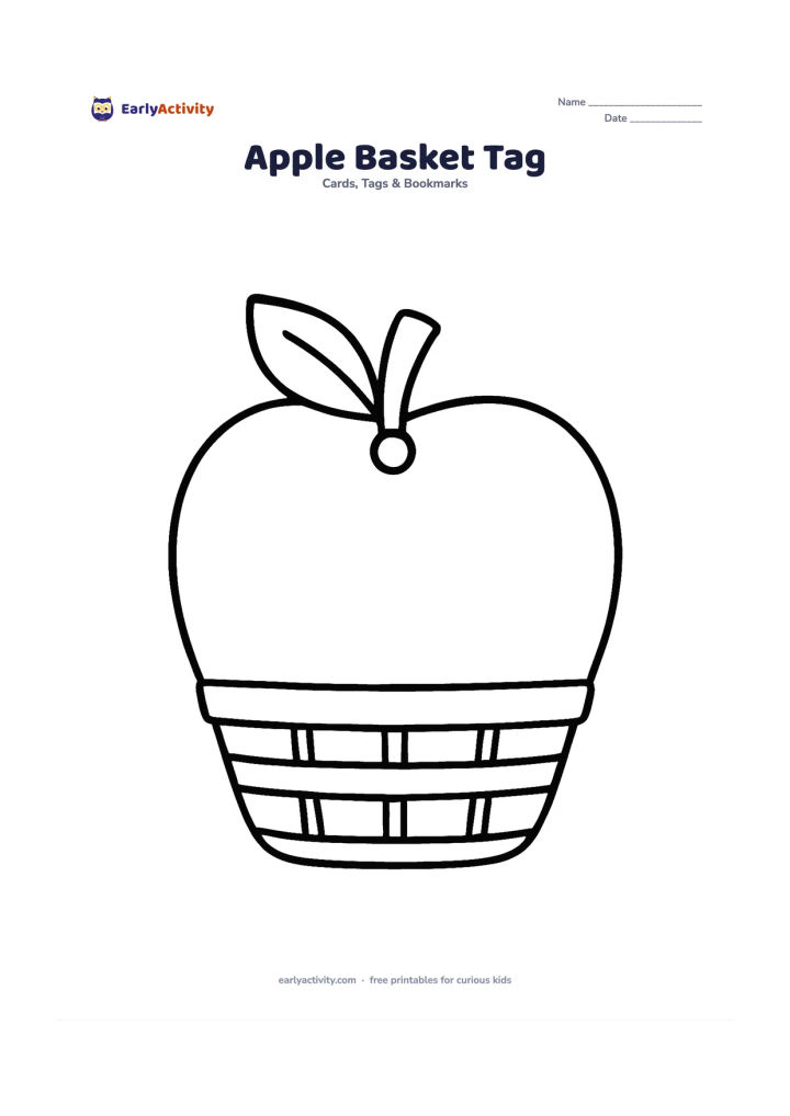 Worksheet: Draw a large apple-shaped gift tag with a leaf and short stem, a simple basket shape at the bottom and a blank central panel between them. Add a small hole near the stem.