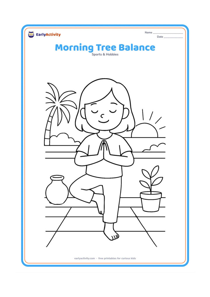 Colouring page: A child practises a tree balance on a rooftop terrace at sunrise, with palms pressed together and one knee turned outward. Show low parapet walls, a rising sun, a water pot and a few…
